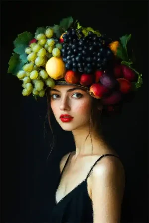 Aanbieding Vrouw met fruit schilderij